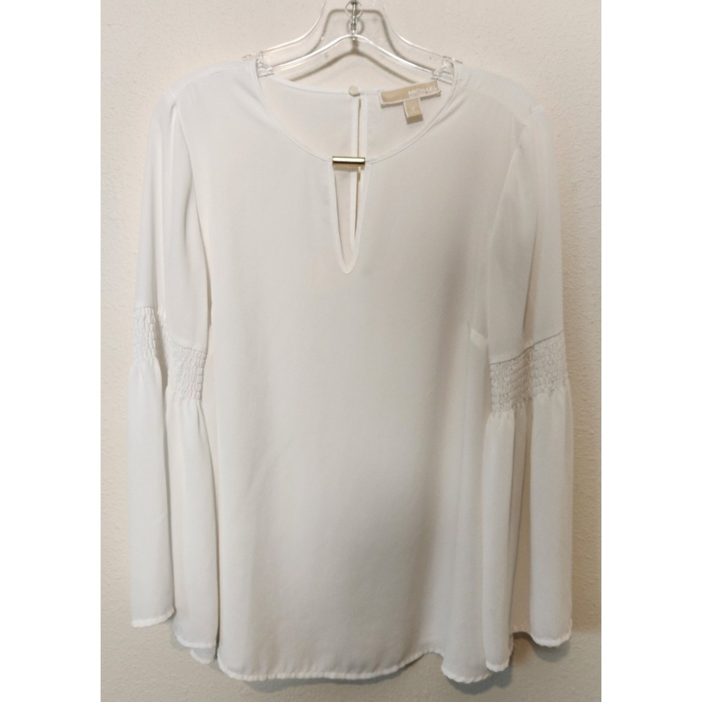 Michael Kors White Chiffon Top Peasant Elastic Smocked Sleeves Keyhole Front Med